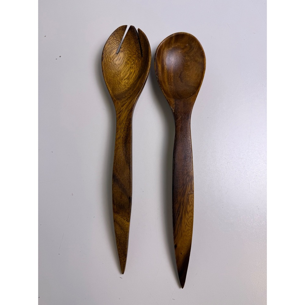 Vintage Hand Carved Dark Wooden Salad Servers Set 12 Inch Tapered Handle 2 Piece